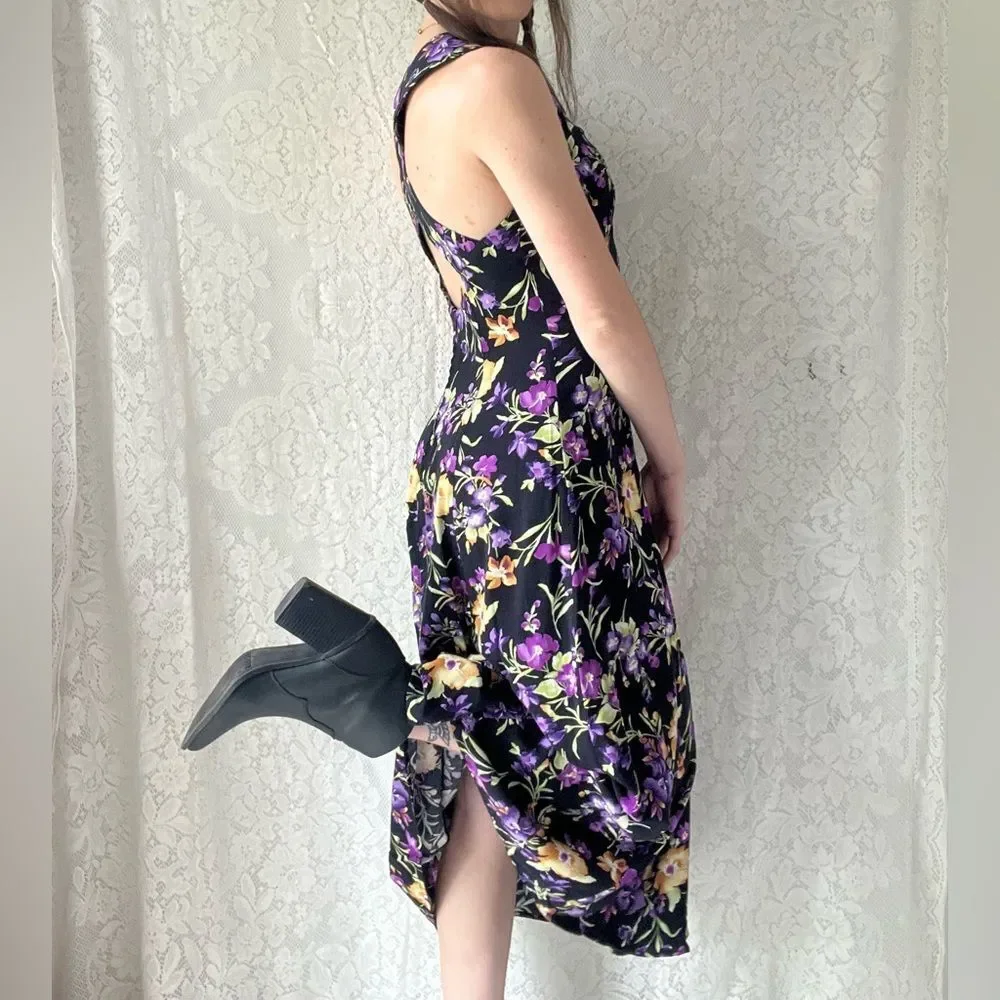 Vintage 80s All That Jazz Black Floral Midi Dress Crisscross Back Size 7/8 - Picture 9 of 16
